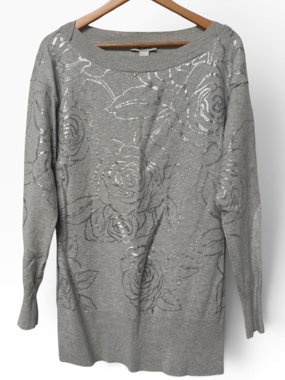 White House Black Market Grey Foil Floral Sequin Tunic Sweater Large